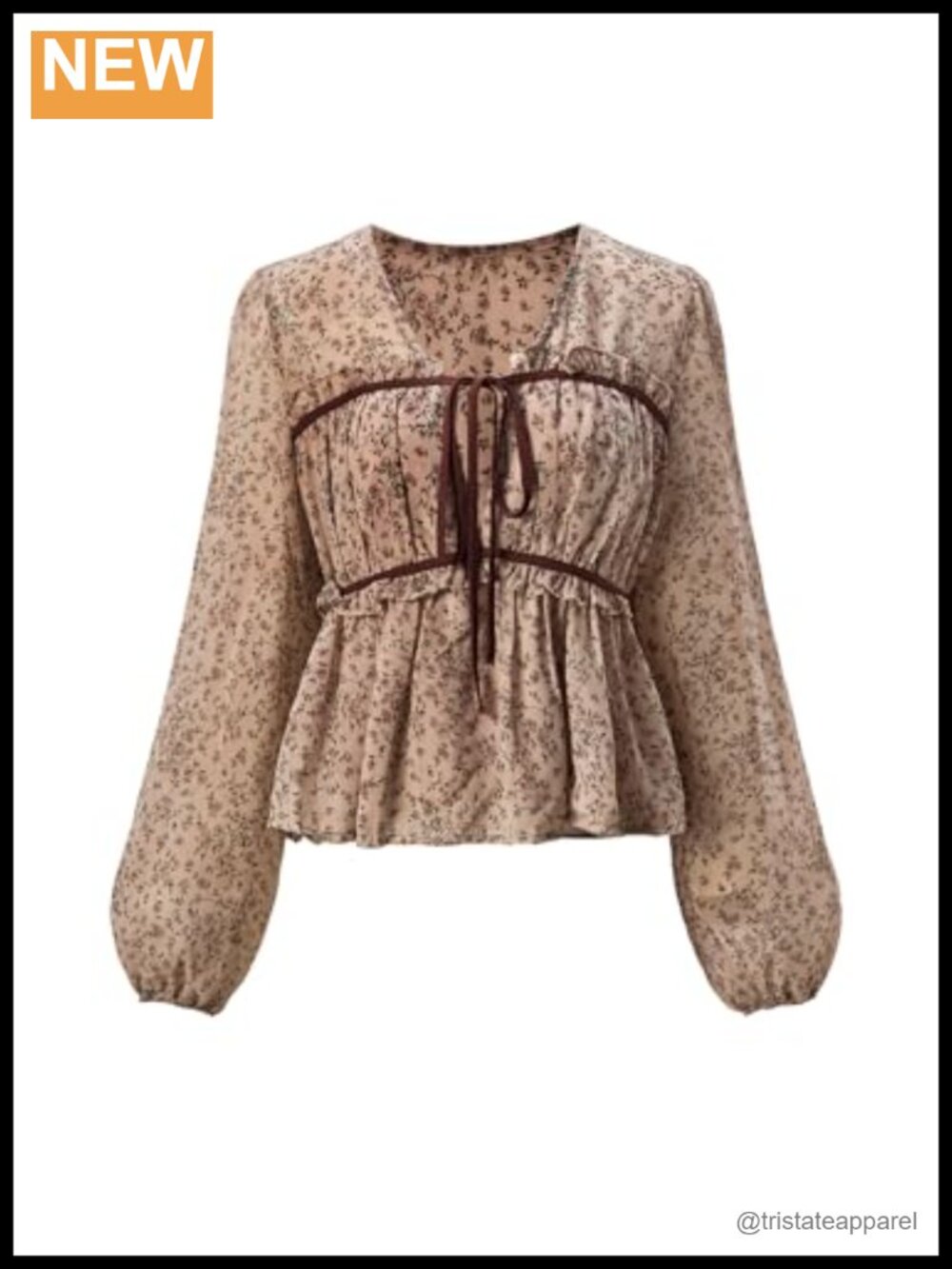 Women's Floral Peplum Tie Front Lantern Long Sleeve Babydoll Top